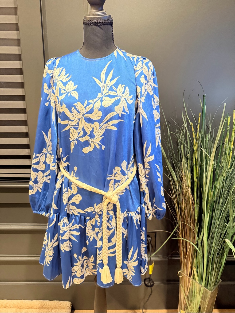 Blue Floral Long-Sleeve Dress with Tassel Belt